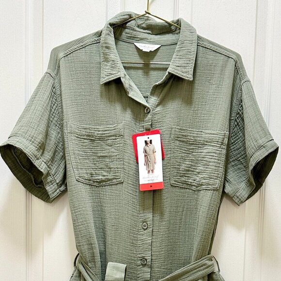 New Weatherproof Women's Gauze Midi Dress Size M Green Adjustable Belt At Waist - Picture 2 of 14